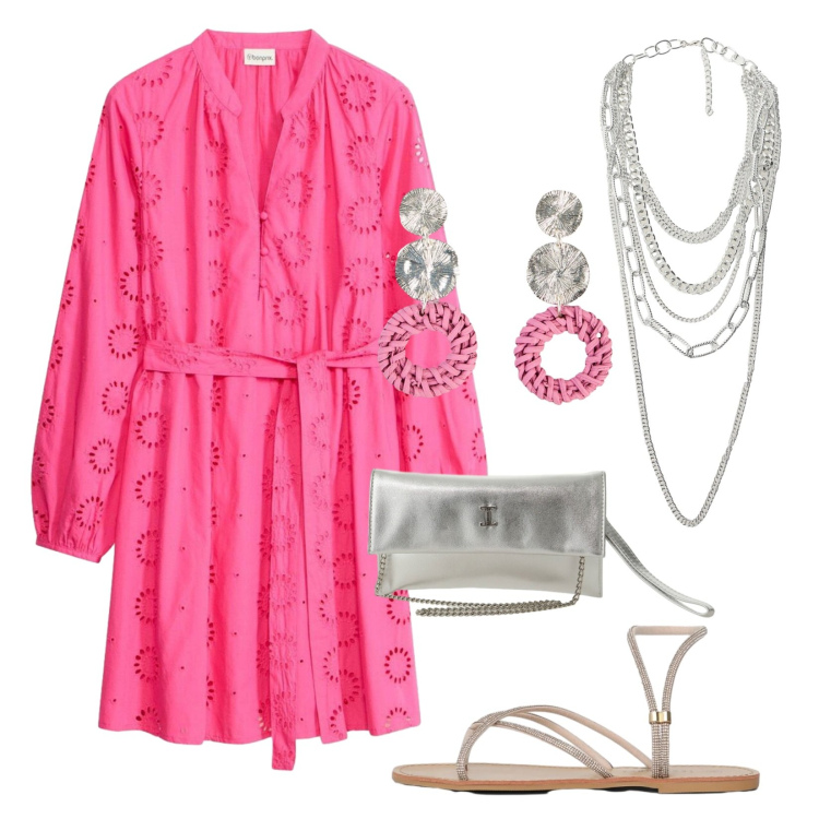 Outfit donna - Aperitivo al tramonto. Stile Romantica per Serata fuori. Abbinamento con vestiti, orecchini, sandali, borse a tracolla, collane.