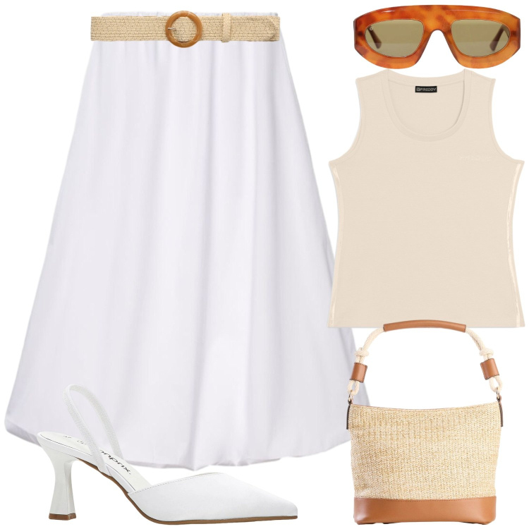 Outfit donna - In città. Stile Casual chic per Tutti i giorni. Abbinamento con borse a mano, décolleté, gonne lunghe, cinture, canottiere, occhiali da sole.