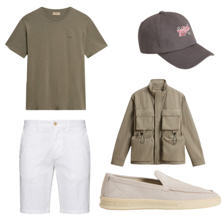 Outfit uomo - Casual city. Stile Casual per Tutti i giorni. Abbinamento con bermuda, scarpe stringate, cappelli con visiera, t-shirt, giacche.