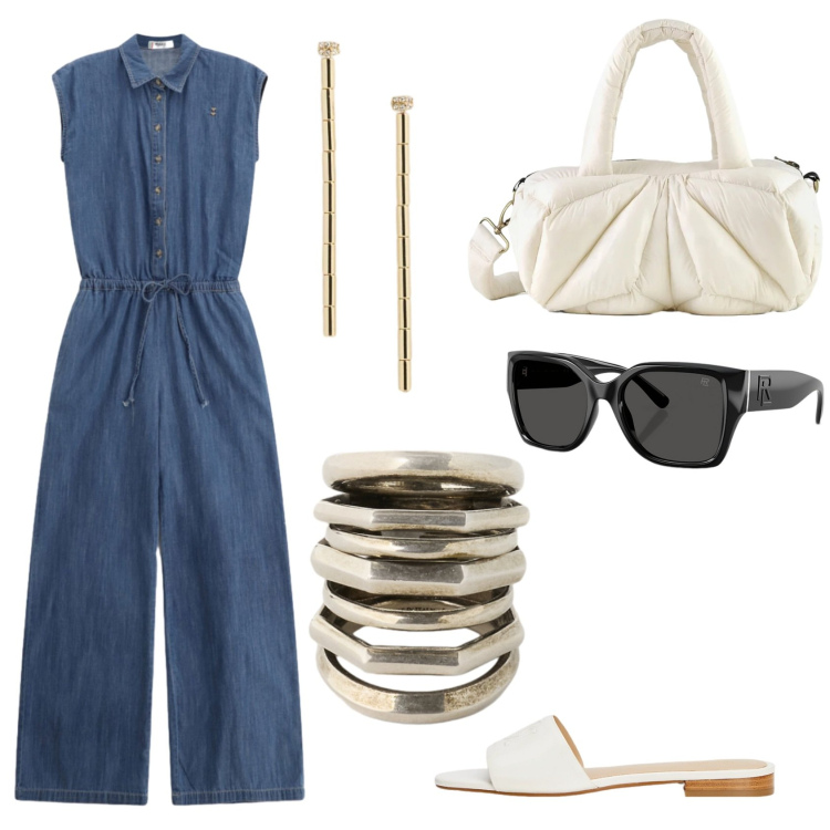 Outfit donna - Casual chic. Stile Casual chic per Tutti i giorni. Abbinamento con tute, anelli, ciabatte, orecchini, occhiali da sole, borse a mano.