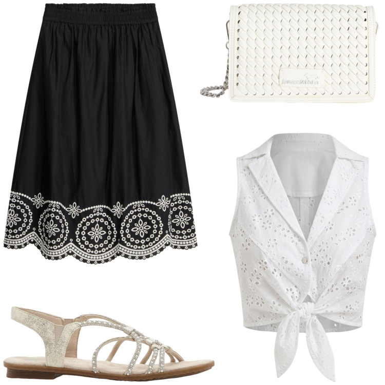 Outfit donna - La camicia in pizzo san gallo. Stile Trendy per Tutti i giorni. Abbinamento con gonne longuette, sandali, borse a tracolla, top.
