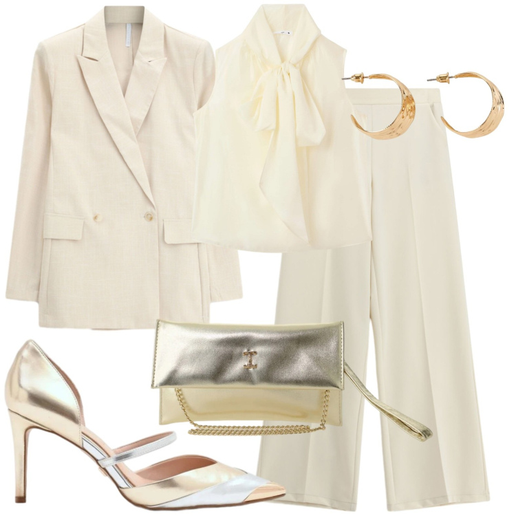 Outfit donna - White. Stile Chic per Cerimonia. Abbinamento con orecchini, bluse, décolleté, borse a tracolla, blazer, pantaloni a palazzo.