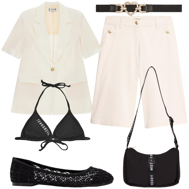 Outfit donna - Tailleur estivo. Stile Casual chic per Serata fuori. Abbinamento con bermuda, ballerine, cinture, bikini, blazer, borse a tracolla.