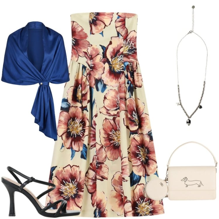 Outfit donna - Total look #2437083. Stile Glamour per Tutti i giorni. Abbinamento con stole, vestiti midi/longuette, sandali col tacco, borse a tracolla, ciondoli.