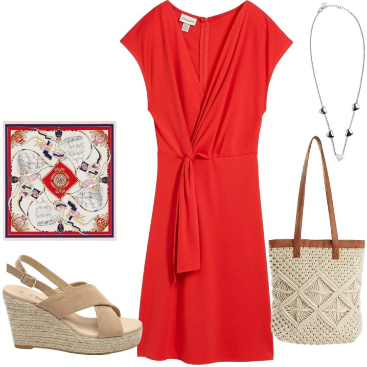 Outfit donna - Total look #2437084. Stile Glamour per Serata fuori. Abbinamento con vestiti midi/longuette, sandali col tacco, shopping bag, foulard, collane.