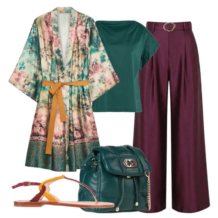 Outfit donna - Serata estiva. Stile Casual chic per Serata fuori. Abbinamento con top, valigie, infradito, kimono, pantaloni a palazzo.