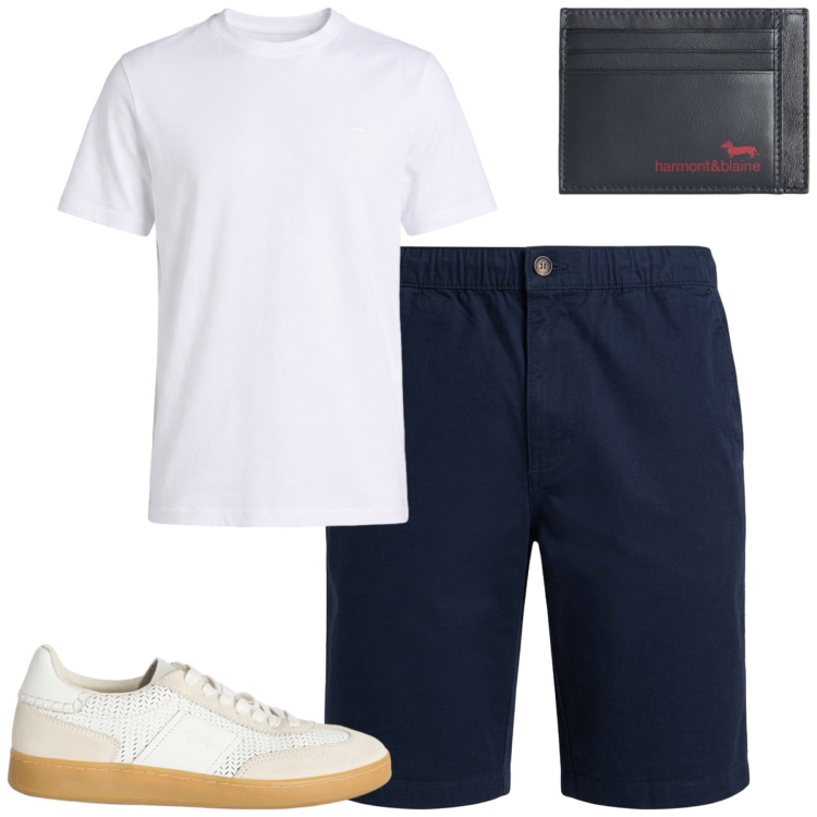 Outfit uomo - Luglio. Stile Casual per Tutti i giorni. Abbinamento con sneakers, portafogli, t-shirt, bermuda.