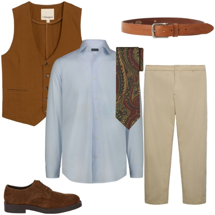 Outfit uomo - Total look #2437098. Stile Casual per Tutti i giorni. Abbinamento con gilet, pantaloni chino, scarpe stringate, camicie, cravatte, cinture.