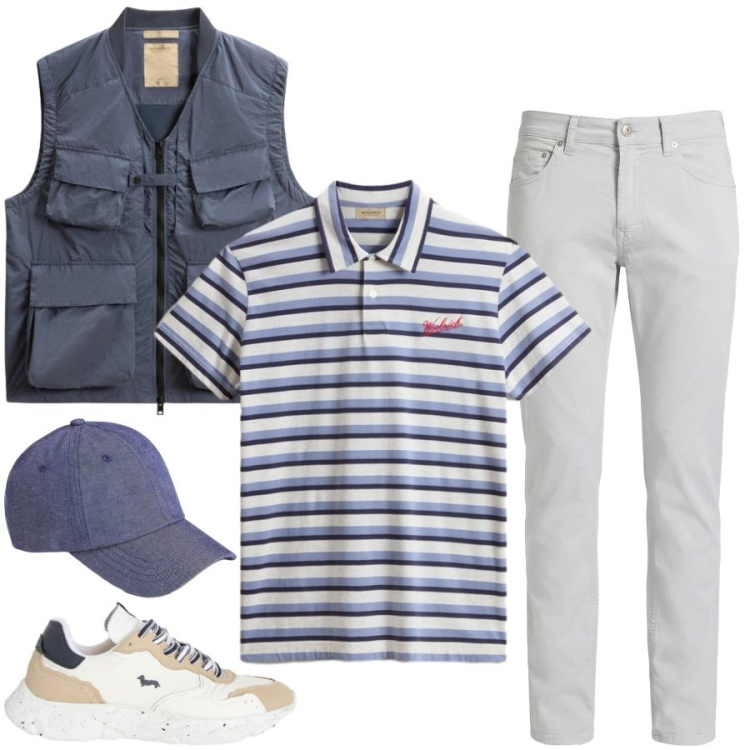 Outfit uomo - Total look #2437103. Stile Casual per Tutti i giorni. Abbinamento con pantaloni, sneakers, polo, cappelli con visiera, gilet.