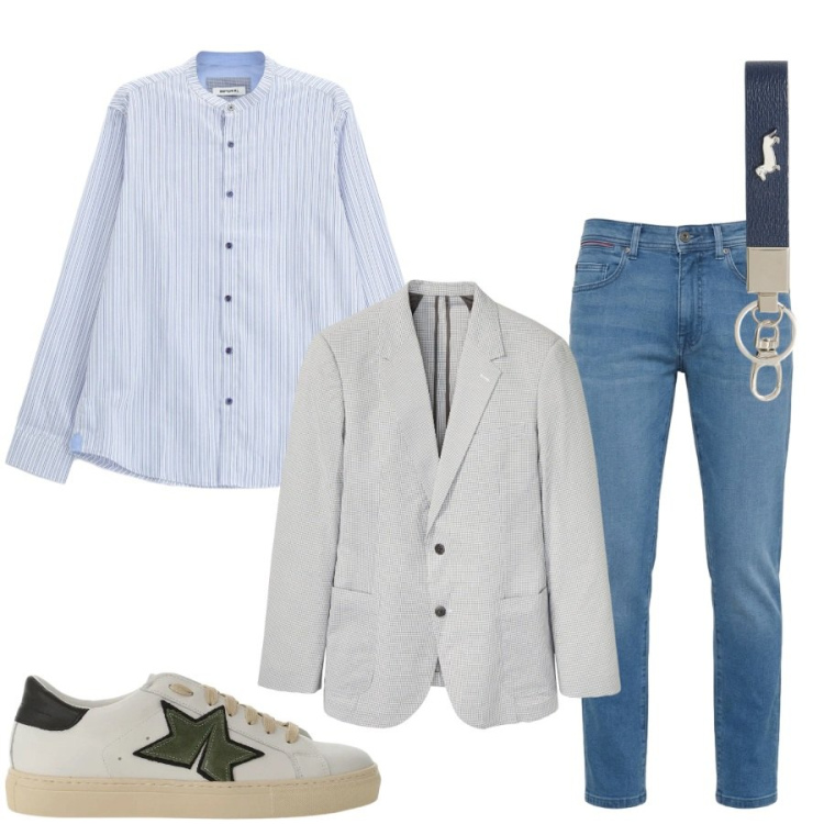 Outfit uomo - Total look #2437108. Stile Casual per Tutti i giorni. Abbinamento con giacche, jeans slim fit, portachiavi, sneakers, camicie.