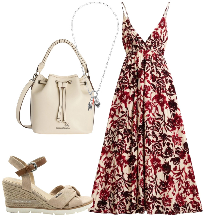 Outfit donna - Luglio. Stile Romantica per Tutti i giorni. Abbinamento con sandali col tacco, vestiti lunghi, borse a secchiello, ciondoli.