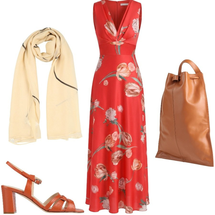 Outfit donna - Aperitivo al tramonto. Stile Chic per Serata fuori. Abbinamento con sandali in pelle, zaini, sciarpe, vestiti lunghi.