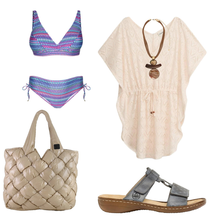 Outfit donna - Spiaggia. Abbinamento con vestiti da spiaggia, ciabatte, bikini, ciondoli, borse tote.
