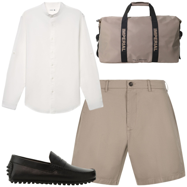 Outfit uomo - Weekend. Stile Casual per Tutti i giorni. Abbinamento con camicie, bermuda, scarpe stringate, borse sportive.