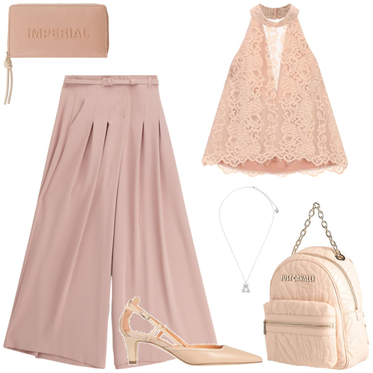 Outfit donna - Apericena. Stile Romantica per Serata fuori. Abbinamento con décolleté, zaini, portafogli, pantaloni a palazzo, canottiere, ciondoli.