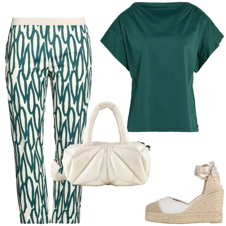 Outfit donna - Estate a colori. Stile Basic per Tutti i giorni. Abbinamento con top, pantaloni, espadrillas, borse a mano.