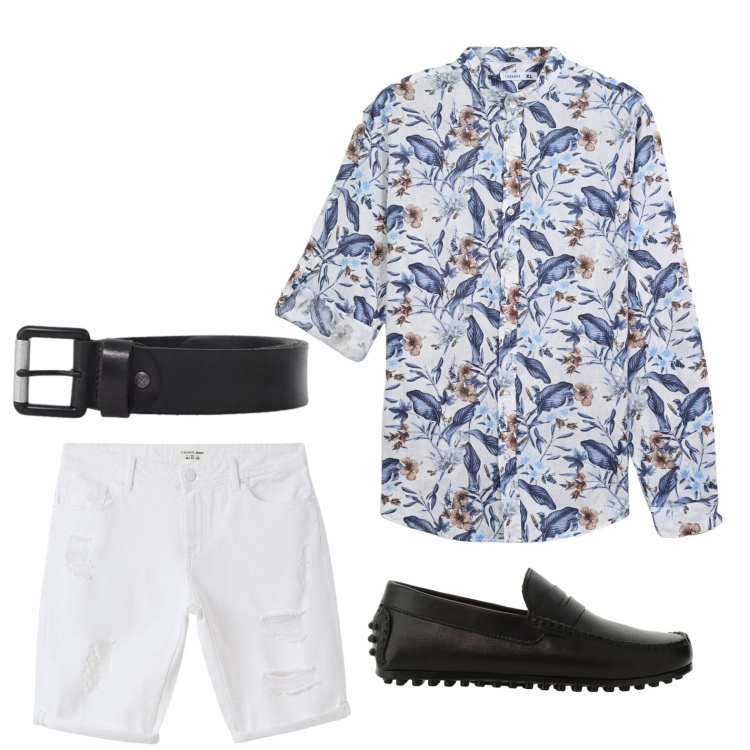 Outfit uomo - Bianco allegro. Stile Trendy per Tutti i giorni. Abbinamento con camicie, bermuda, scarpe stringate, cinture.
