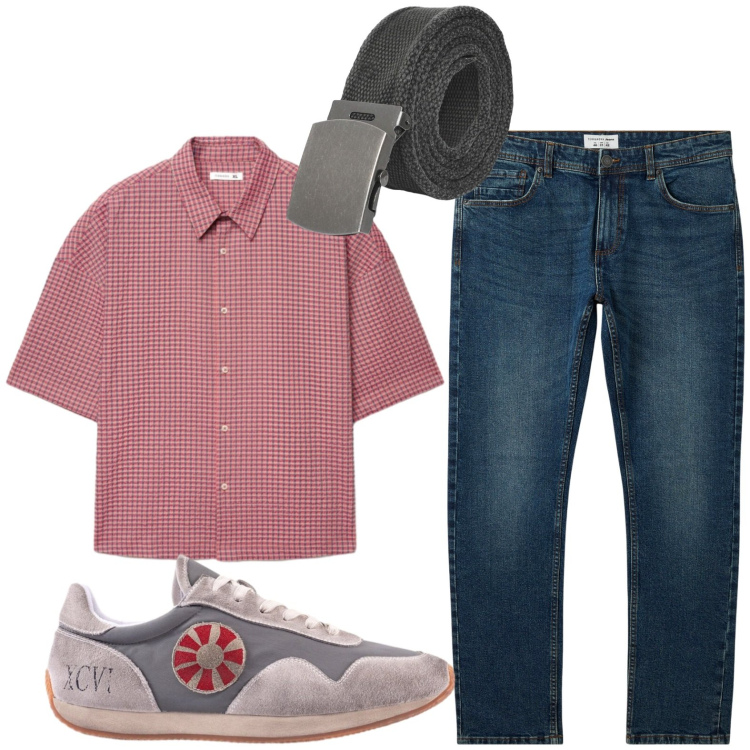 Outfit uomo - Sportivo con jeans e camicia. Stile Urban per Tutti i giorni. Abbinamento con jeans, camicie a manica corta, cinture, sneakers.