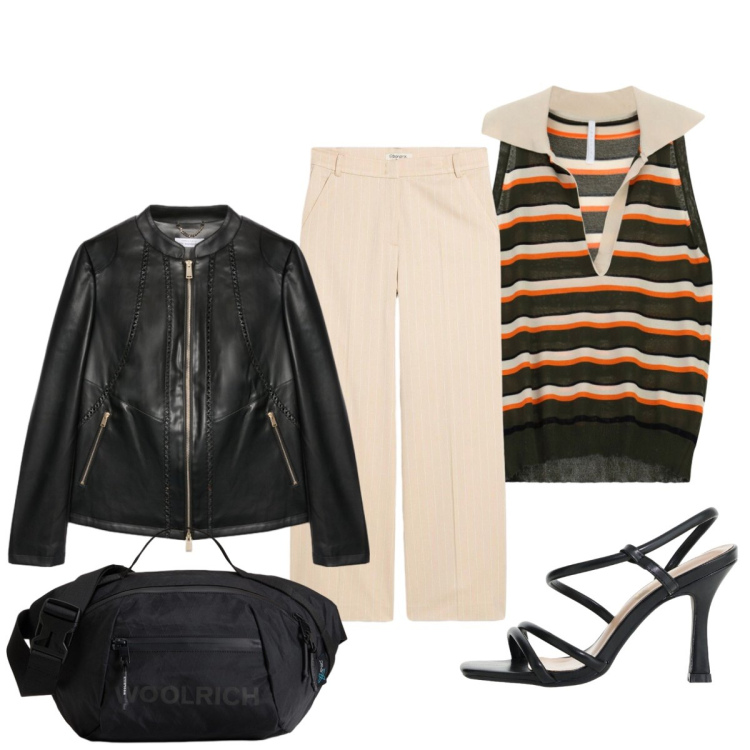 Outfit donna - Per l’aperitivo con il bomber. Stile Glamour per Serata fuori. Abbinamento con pantaloni, sandali col tacco, top, blazer, borse a tracolla.