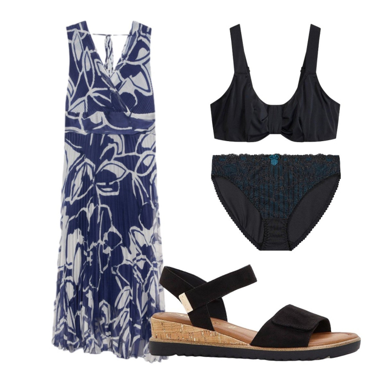 Outfit donna - Luglio. Stile Casual chic per Serata fuori. Abbinamento con culotte, sandali, reggiseni, vestiti lunghi.