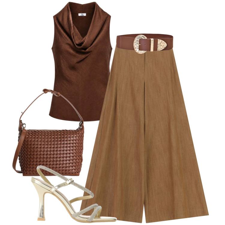 Outfit donna - Aperitivo minimal chic. Stile Chic per Serata fuori. Abbinamento con canottiere, borse a spalla, cinture, pantaloni a palazzo, sandali col tacco.