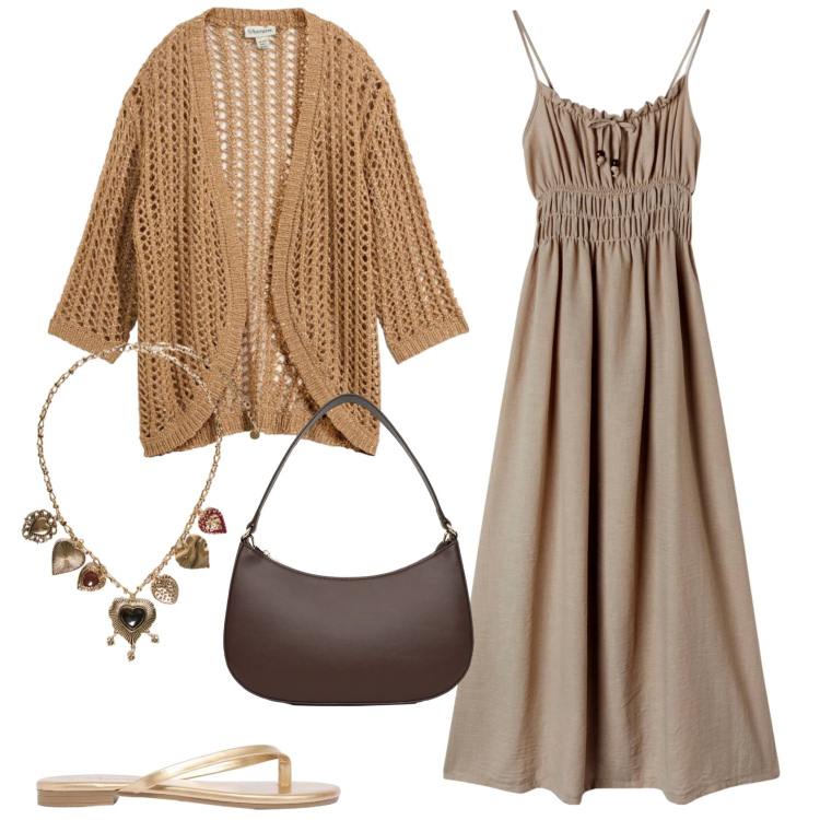Outfit donna - Aperitivo in terrazza. Stile Casual chic per Serata fuori. Abbinamento con sandali, cardigans, vestiti lunghi, borse a tracolla, collane.