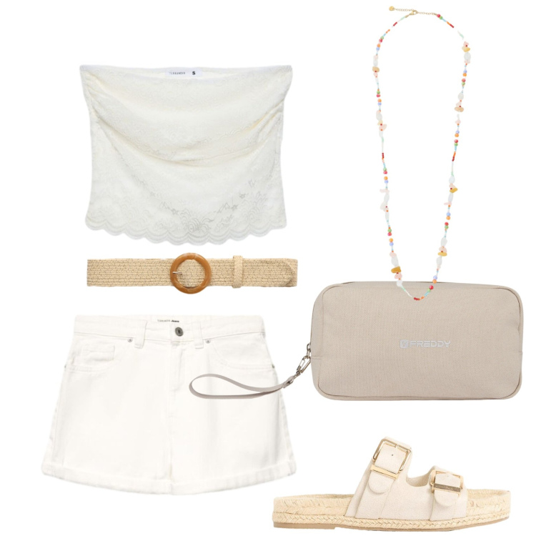 Outfit donna - Total look #2437198. Stile Casual per Tutti i giorni. Abbinamento con ciabatte, shorts, top, cinture, valigie, collane.
