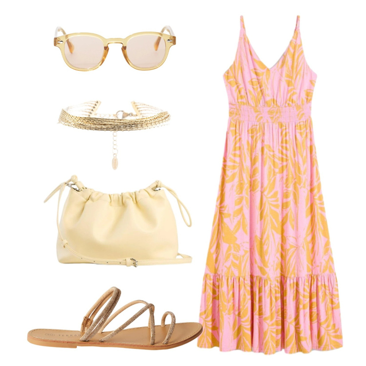 Outfit donna - Spritz al tramonto. Stile Casual chic per Serata fuori. Abbinamento con vestiti, borse a tracolla, sandali, occhiali da sole, braccialetti.