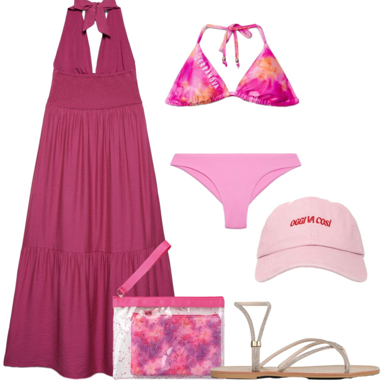 Outfit donna - Summer Vibes by Terranova. Stile Casual per Mare. Abbinamento con vestiti lunghi, bikini, pochette, cappelli con visiera, sandali, bikini.