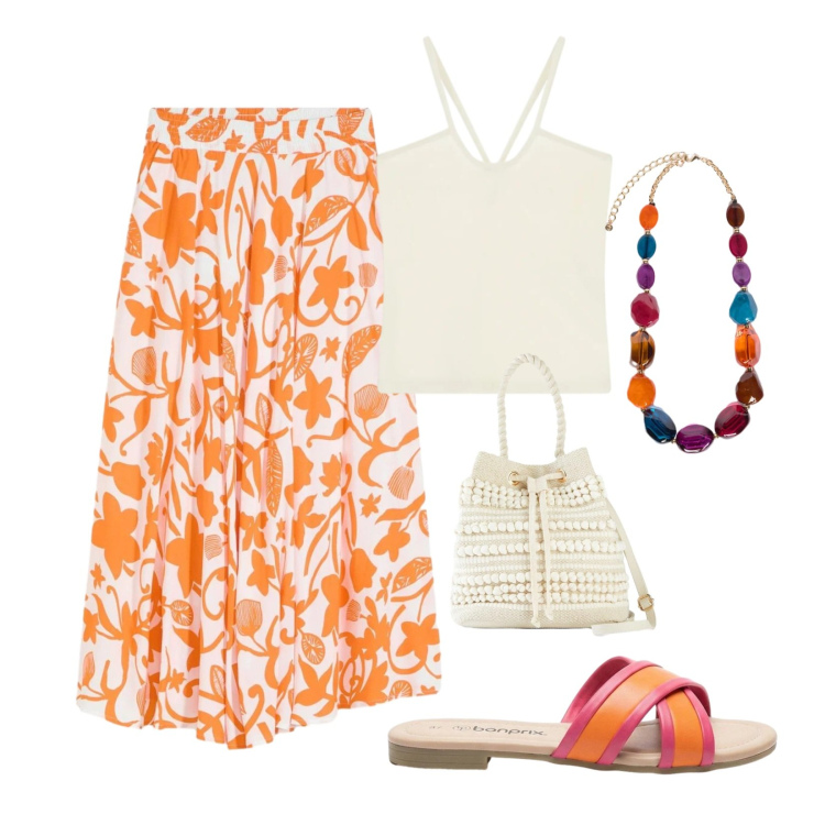 Outfit donna - Comoda con stile. Stile Casual per Serata fuori. Abbinamento con ciabatte, gonne lunghe, borse a secchiello, canottiere, collane.