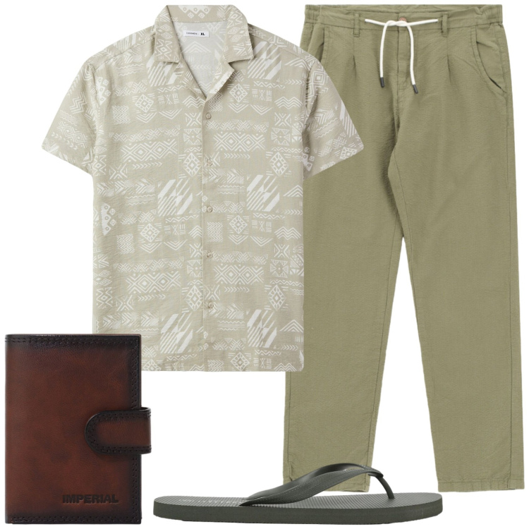 Outfit uomo - Urban safari. Stile Urban per Tutti i giorni. Abbinamento con camicie a manica corta, sandali, pantaloni, portafogli.