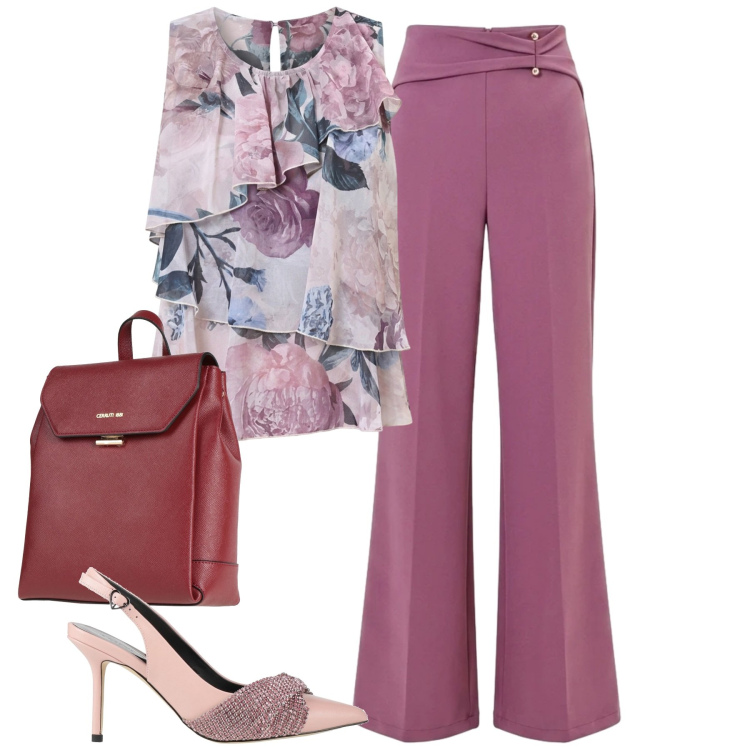 Outfit donna - Rinascimento. Stile Urban per Tutti i giorni. Abbinamento con décolleté, zaini, top, pantaloni a palazzo.