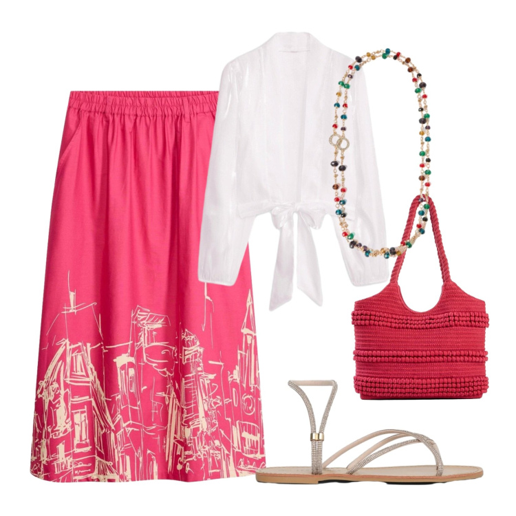 Outfit donna - Gonna a ruota. Stile Casual chic per Tutti i giorni. Abbinamento con gonne lunghe, kimono, shopping bag, sandali, collane.