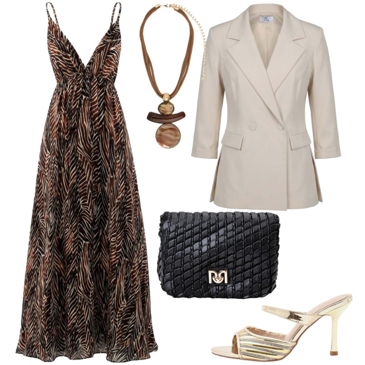 Outfit donna - La sera. Stile Casual chic per Serata fuori. Abbinamento con vestiti lunghi, blazer, ciondoli, sabot, borse a tracolla.