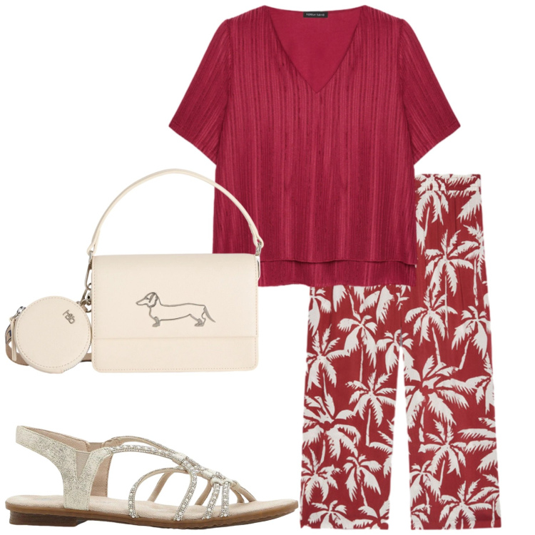 Outfit donna - In ufficio. Stile Casual chic per Ufficio. Abbinamento con sandali, borse a tracolla, t-shirt, pantaloni.