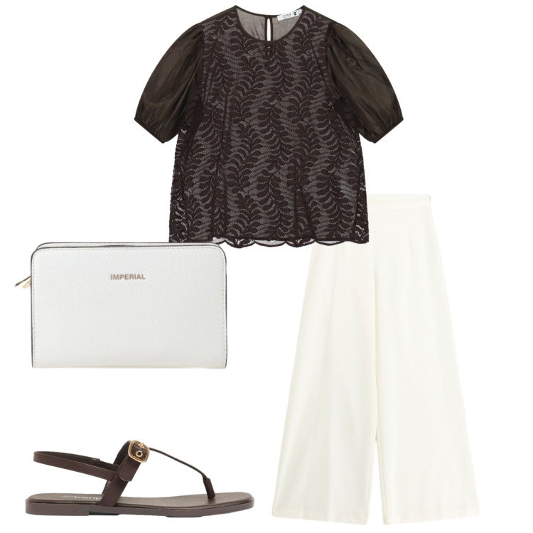 Outfit donna - In città. Stile Casual chic per Tutti i giorni. Abbinamento con sandali, bluse, borse a tracolla, pantaloni a palazzo.