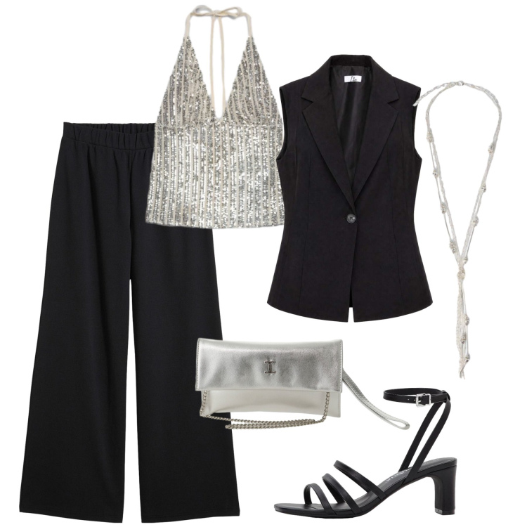 Outfit donna - Aperitivo dettagli luminosi. Stile Glamour per Serata fuori. Abbinamento con pantaloni, sandali col tacco, gilet, top, collane, borse a tracolla.