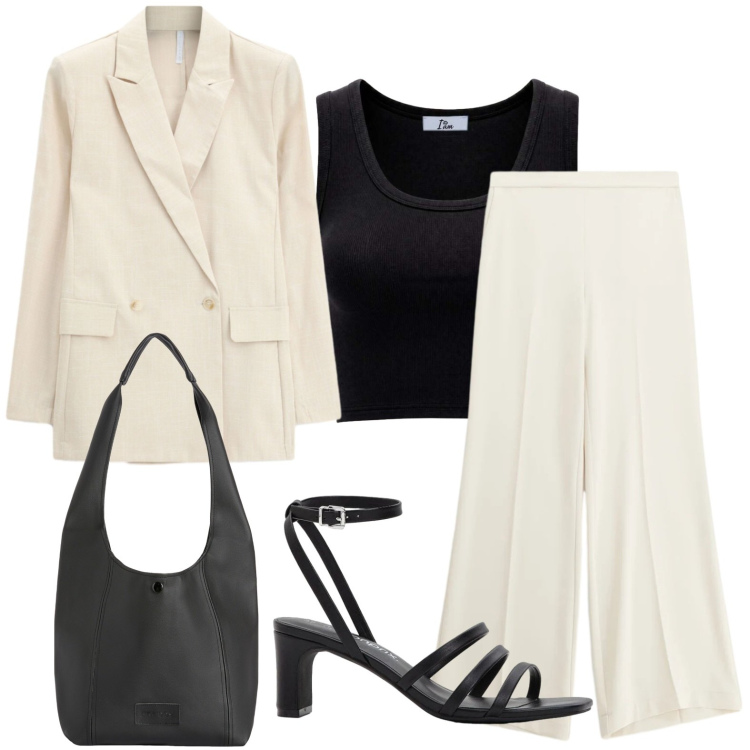 Outfit donna - Eleganza senza tempo. Stile Casual per Ufficio. Abbinamento con sandali col tacco, canottiere, borse a spalla, pantaloni a palazzo, blazer.
