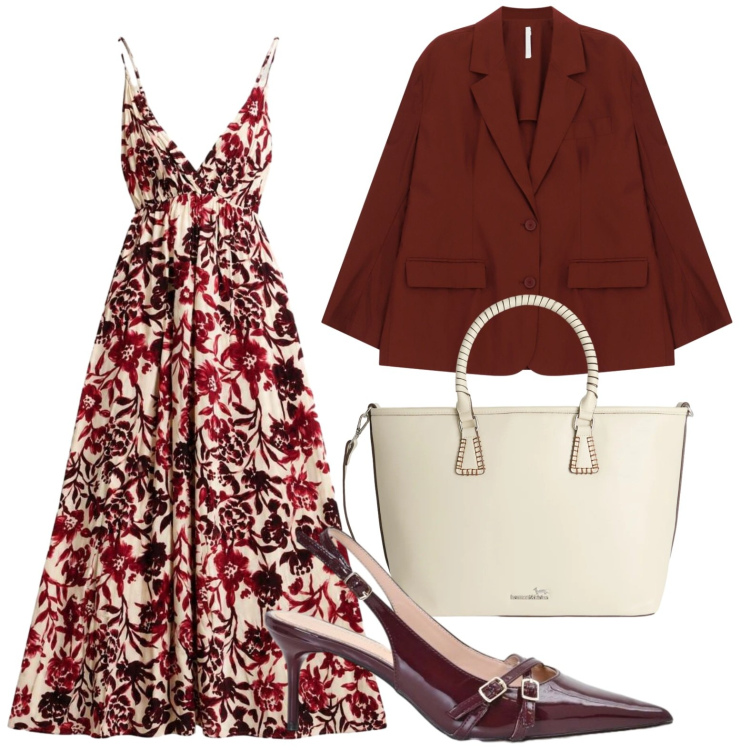 Outfit donna - Il vestito floreale. Stile Trendy per Tutti i giorni. Abbinamento con vestiti lunghi, shopping bag, décolleté, blazer.