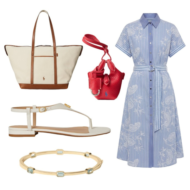 Outfit donna - Total look #2437267. Stile Casual chic per Tutti i giorni. Abbinamento con vestiti chemisier, borse tote, sandali in pelle, portachiavi, braccialetti.