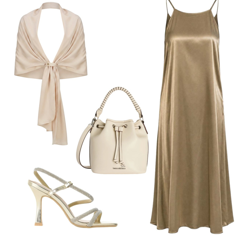 Outfit donna - Total look #2437270. Stile Glamour per Cerimonia. Abbinamento con vestiti lunghi, borse a secchiello, stole, sandali col tacco.