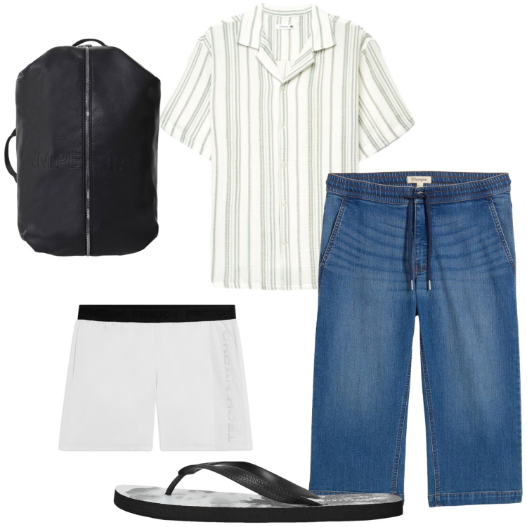 Outfit uomo - Total look #2437273. Stile Trendy per Mare. Abbinamento con jeans, sandali, camicie a manica corta, costumi, borse sportive.