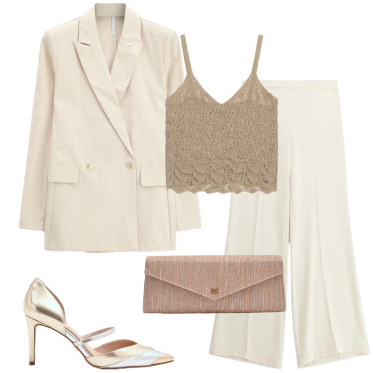 Outfit donna - Total look #2437276. Stile Chic per Cerimonia. Abbinamento con maglieria, décolleté, pochette, blazer, pantaloni a palazzo.