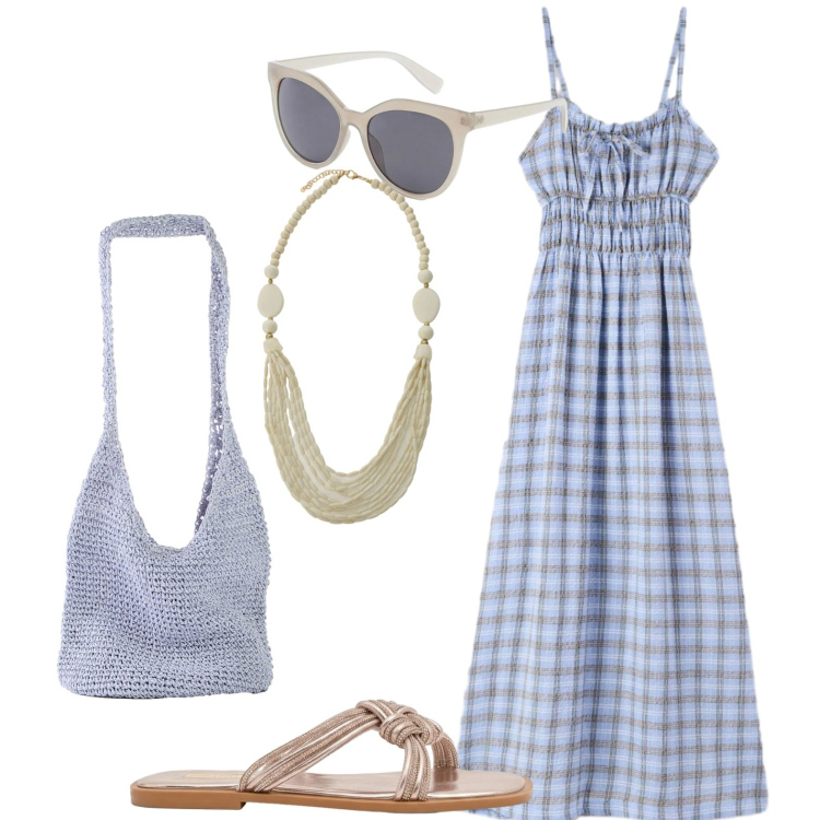 Outfit donna - Vacanza. Stile Casual per Mare. Abbinamento con shopping bag, occhiali da sole, vestiti lunghi, sandali, collane.