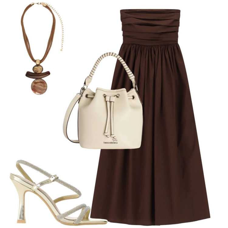 Outfit donna - Aperitivo. Stile Trendy per Serata fuori. Abbinamento con borse a secchiello, sandali col tacco, vestiti midi/longuette, ciondoli.