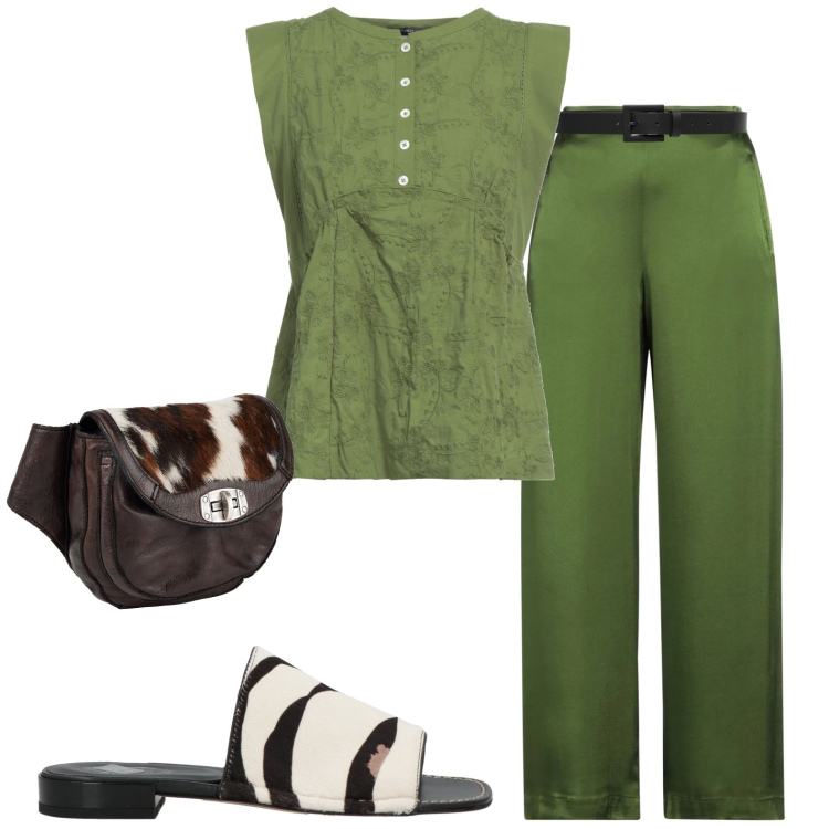 Outfit donna - Casual. Stile Casual per Tutti i giorni. Abbinamento con marsupi, pantaloni, top, sandali in pelle, cinture.