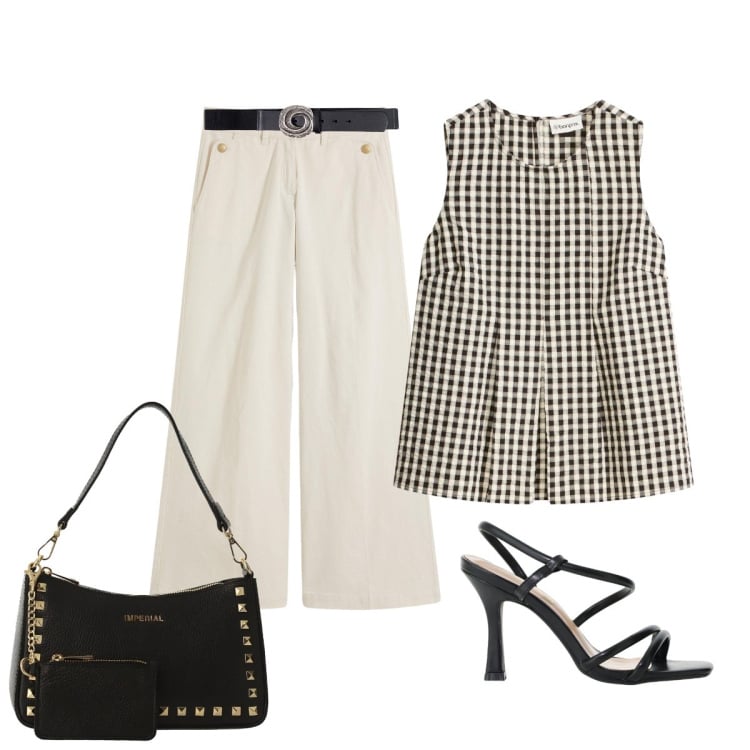Outfit donna - Per l’aperitivo il top a quadretti Vichy. Stile Chic per Serata fuori. Abbinamento con canottiere, pantaloni, cinture, borse a spalla, sandali col tacco.