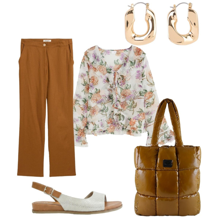 Outfit donna - Chic rilassato. Stile Romantica per Tutti i giorni. Abbinamento con bluse, pantaloni, sandali, orecchini, shopping bag.