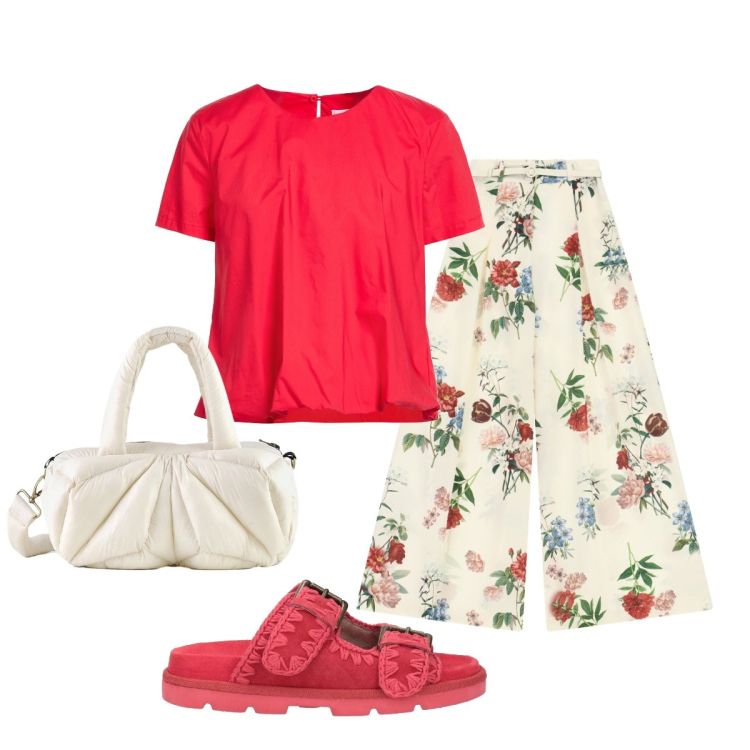 Outfit donna - Dolce vita estiva. Stile Glamour per Ufficio. Abbinamento con top, sandali in pelle, pantaloni a palazzo, borse a mano.