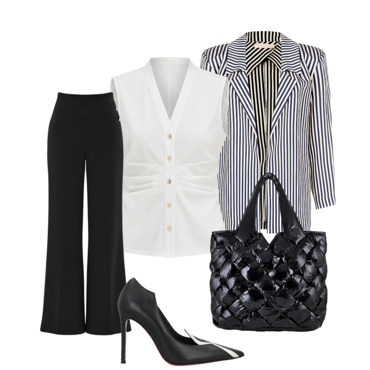 Outfit donna - Il branch con i colleghi. Stile Chic per Ufficio. Abbinamento con décolleté, pantaloni a palazzo, blazer, camicie a manica corta, borse tote.